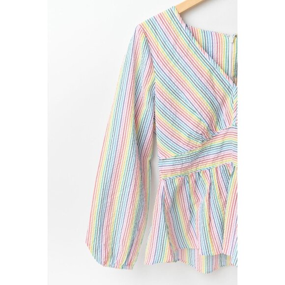 J.CREW V-Neck Rainbow Striped Seersucker Peplum Top Blouse Size 6 NEW - Picture 7 of 13